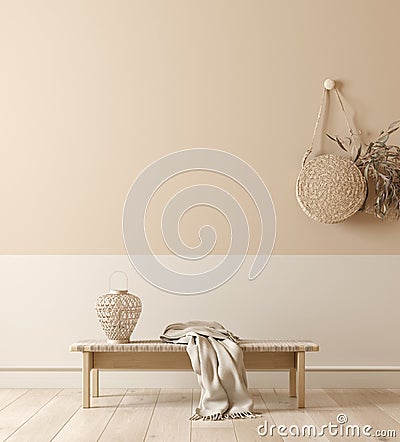 Scandinavian interior with bench, lamp and wicker handbag, wall mock up and minimal decor in room background Stock Photo