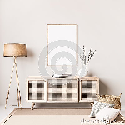 Scandinavian interior design of living room with rattan console, wooden chair, mock up poster frame Stock Photo