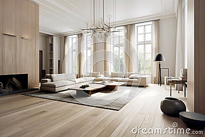 Scandinavian interior design of modern spacious living room. Cre Stock Photo