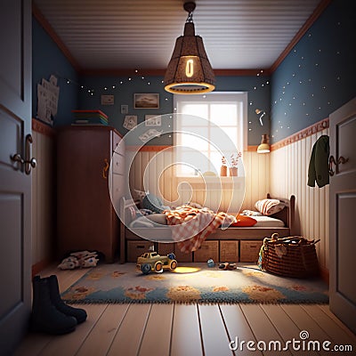 Scandinavian interior design of a playroom for children, designer furniture, cute children's toys Stock Photo