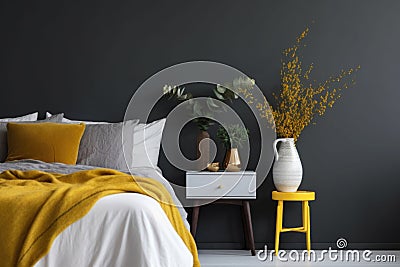 Scandinavian interior with gray wall. A bedroom with a bedside table, lamp, plant. Generative AI Cartoon Illustration