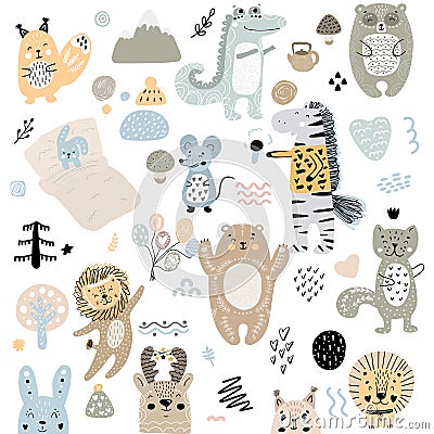 Scandinavian kids doodles elements pattern set of cute color wild animal and characters: zebra, bear, deer, squirrel, cat, rabbit Stock Photo