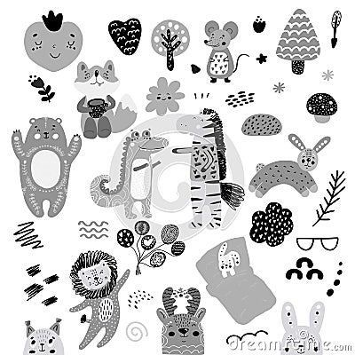 Scandinavian kids doodles elements pattern set of cute monochrome wild animal and characters: zebra, bear, deer, squirrel, cat, Stock Photo