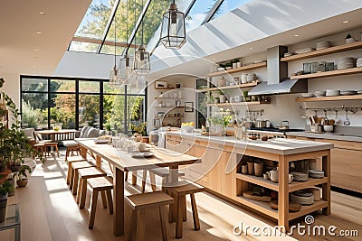 Scandinavian kitchen flooded with natural light through large windows Stock Photo