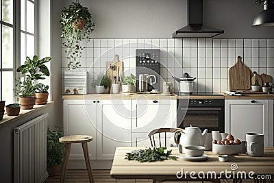 scandinavian kitchen with sleek, minimalist design and a variety of essential cooking tools Stock Photo
