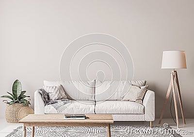 Scandinavian living room design with wooden table, floor lamp, wicker basket and white sofa on beige background Stock Photo