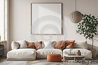 Scandinavian living room interior with white sofa, rattan armchairs, and wooden coffee table Stock Photo