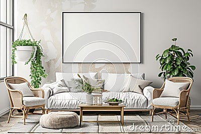 Scandinavian living room interior with white sofa, rattan armchairs, and wooden coffee table Stock Photo