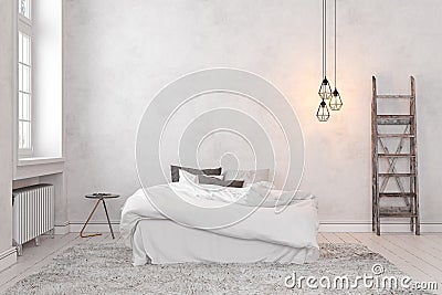 Scandinavian, loft interior empty white bedroom. Cartoon Illustration