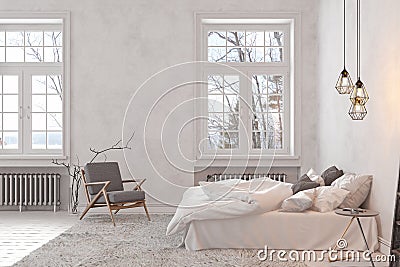 Scandinavian, loft interior empty white bedroom. Cartoon Illustration