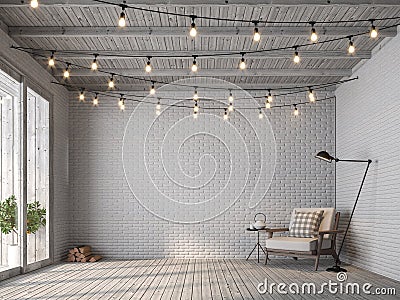 Scandinavian loft style living room with white brick wall 3d render Stock Photo