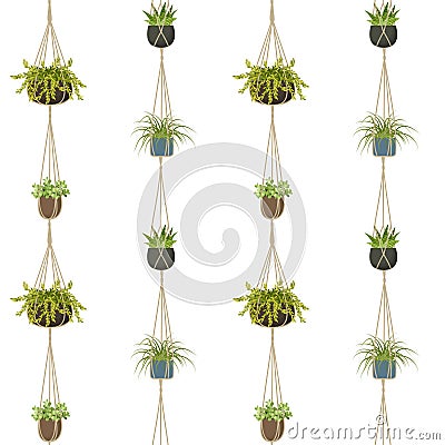 Scandinavian macrame plant seamless pattern. Trendy boho home decor with plants Vector Illustration