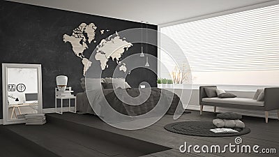 Scandinavian minimalist bedroom, minimalistic modern interior de Stock Photo