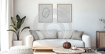 Scandinavian Minimalist Halloween Living Room: Geometric Ceramic Pumpkin on Coffee Table. Side view Stock Photo