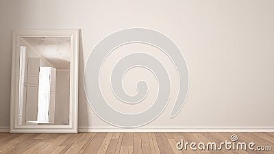 Scandinavian minimalist white background with mirror and parquet Stock Photo