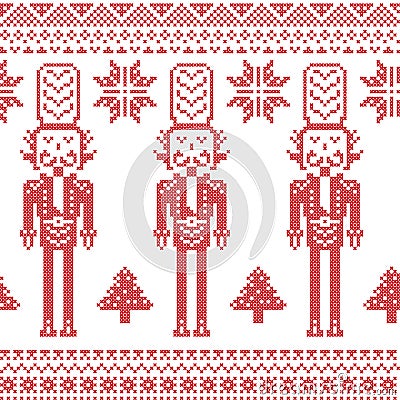 Scandinavian Nordic Christmas pattern with nutcracker soldier , Xmas trees , snowflakes, stars, snow in red Vector Illustration