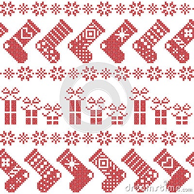 Scandinavian Nordic Christmas pattern with stockings, stars, snowflakes, presents in cross stitch in red Vector Illustration