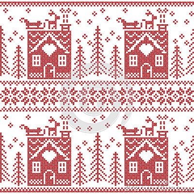 Scandinavian Nordic Christmas seamless pattern with ginger bread house, stockings, gloves, reindeer, snow, snowflakes, tree, Xmas Vector Illustration