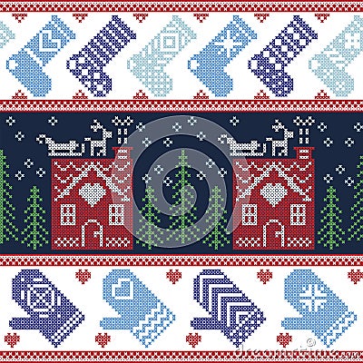 Scandinavian Nordic Christmas seamless pattern with ginger bread house, stockings, gloves, reindeer, snow, snowflakes, tree, Xmas Vector Illustration