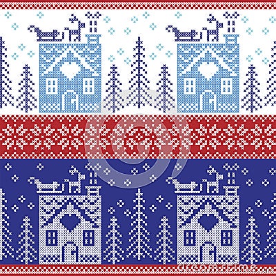 Scandinavian Nordic Christmas seamless pattern with gingerbread house, snow, reindeer, Santa's sleigh, trees, star, snow, Xmas g Vector Illustration