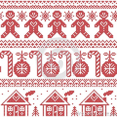 Scandinavian Nordic seamless pattern with ginger bread man, candy, ginger house, bauble, xmas trees in red cross stitch Vector Illustration