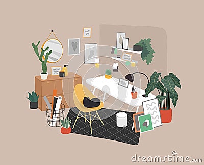 Scandinavian or nordic style interior. Hand drawing style home office. Cozy interior with home plants. Cartoon Vector Illustration