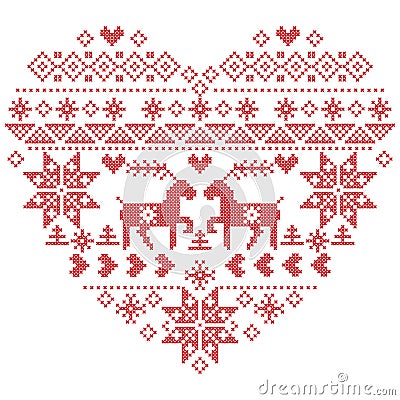 Scandinavian Nordic winter stitch, knitting christmas pattern in in heart shape shape including snowflakes, christmas trees,rein Vector Illustration