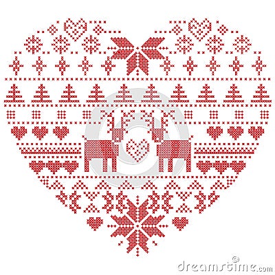 Scandinavian Nordic winter stitch, knitting christmas pattern in in heart shape shape including snowflakes, xmas trees,reindeer, Vector Illustration