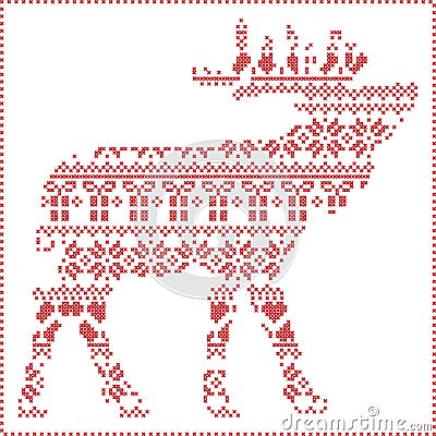 Scandinavian Nordic winter stitching knitting christmas pattern in in reindeer body shape including snowflakes, hearts Vector Illustration