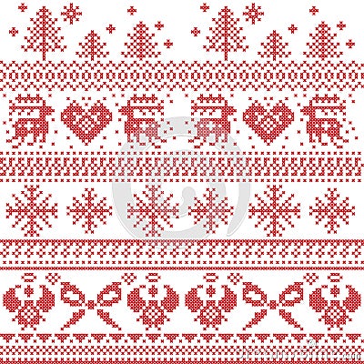 Scandinavian nordic xmas pattern with reindeer,rabbits, xmas trees, angels, bow, heart, in cross stitch Vector Illustration