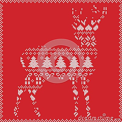 Scandinavian Norwegian style winter stitching knitting christmas pattern in in deer silhouette including snowflakes, hearts 1 Vector Illustration