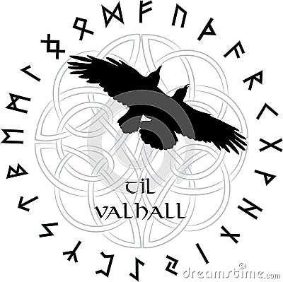 Scandinavian ornament in the circle of magic Norse runes and a Raven flying Vector Illustration