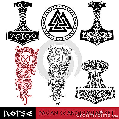 Scandinavian pagan set - Thors hammer - Mjollnir, Odin sign - Valknut and world dragon Jormundgand. Illustration of Vector Illustration