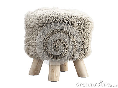 Scandinavian pouf with a fur seat and wooden legs. 3d render Stock Photo