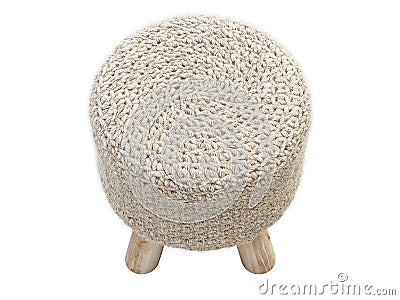 Scandinavian pouf with a knitted seat and wooden legs. 3d render Stock Photo