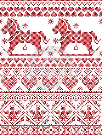 Scandinavian Printed Textile style and inspired by Norwegian Christmas and festive winter pattern with rocking horses angels heart Vector Illustration