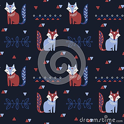 Scandinavian seamless vector folk pattern with fox and decorative elements. Vector Illustration