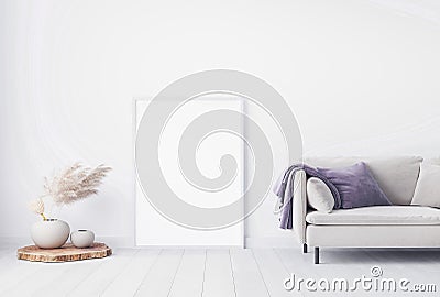 Scandinavian simple interior design mock up. White empty frame on floor. Stock Photo