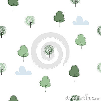 Scandinavian simple seamless pattern for kids. Naive minimalist trees. Vector Illustration