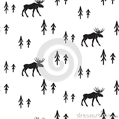 Scandinavian simple style black and white deer pattern. Vector Illustration