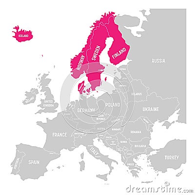 Scandinavian states Denmark, Norway, Finland, Sweden and Iceland pink highlighted in the political map of Europe. Vector Vector Illustration