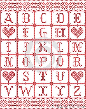 Scandinavian style Alphabet inspired by Norwegian Christmas, festive winter seamless pattern in cross stitch with heart, snow Vector Illustration