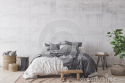 Scandinavian style bedroom mockup, home interior design, rustic gray room design Stock Photo