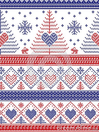 Scandinavian style inspired Christmas and festive winter seamless pattern in cross stitch style: Xmas trees, snowflakes, Rabbiits Vector Illustration