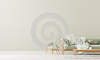 Scandinavian style interior with sofa and coffe table. Empty wall mock up in minimalist interior with pastel colors. 3D Cartoon Illustration