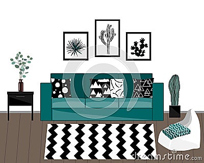 Scandinavian style livingroom interior with black and white carpet, blue sofa with ornamented pillows, home plants, and white wall Cartoon Illustration