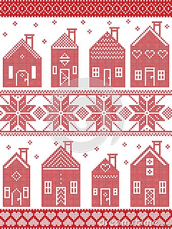 Scandinavian style and Nordic culture inspired Christmas seamless winter pattern including Swedish style houses, ornaments Vector Illustration