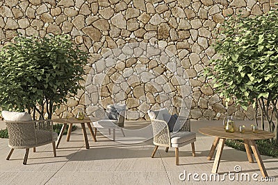 Scandinavian style open outdoor terrace cafe with wicker furniture and trees. Mock up wall. 3D render illustration. Cartoon Illustration