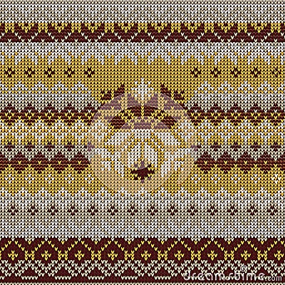 Scandinavian style seamless knitted pattern. Colors: yellow, white, brown, grey Vector Illustration