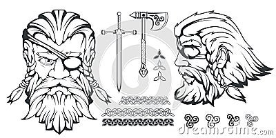 Scandinavian supreme god of Norse mythology - Odin. Hand drawing of Odin Head. Cartoon bearded man character. God Odin, Wotan Vector Illustration